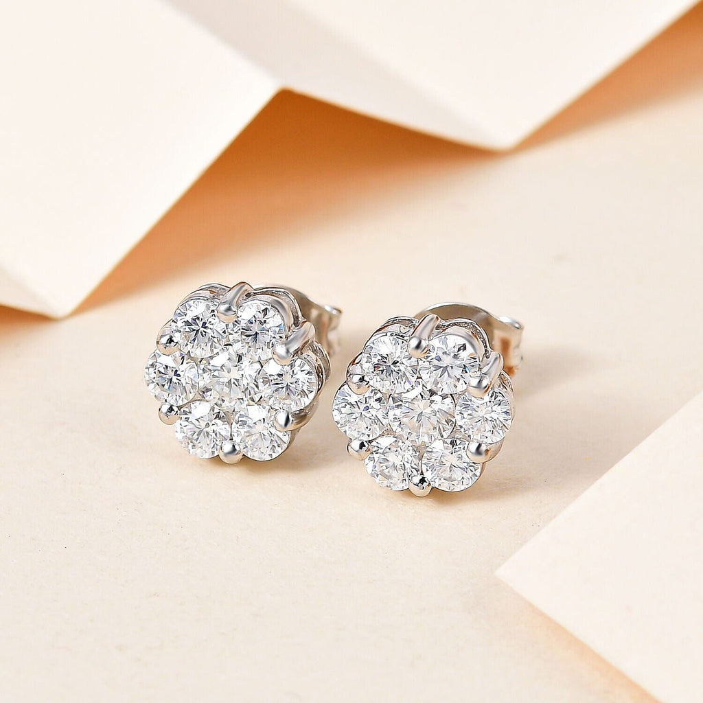 Moissanite Floral Earrings (With Push Back) in Platinum Overlay Sterling Silver 1.554 Ct.