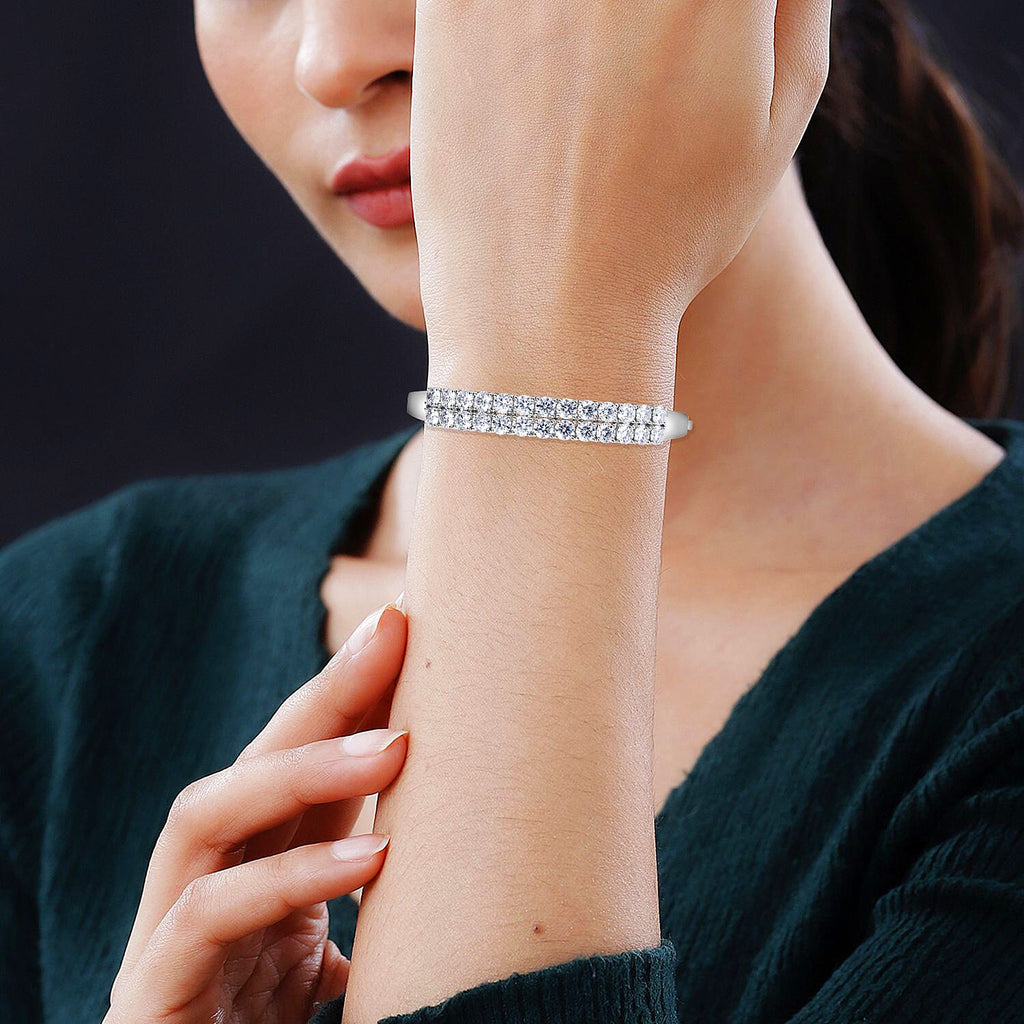 Moissanite Full Bangle (Size - 7.5) in Platinum Overlay Sterling Silver 12.01 Ct, Silver Wt. 17.55 Gms.