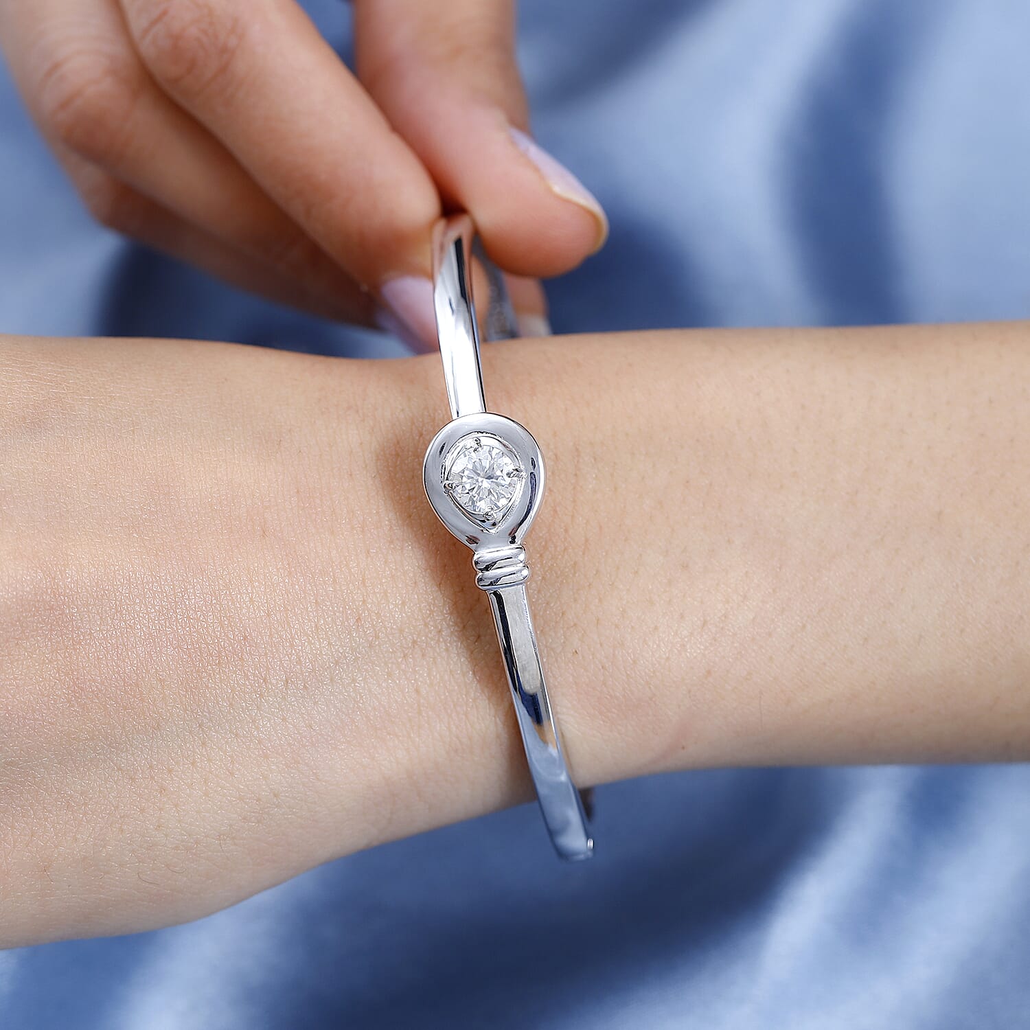Moissanite Bangle (Size - 7.5) in Platinum Overlay Sterling Silver 1.15 Ct, Silver Wt 18.40 Gms 7684724 2