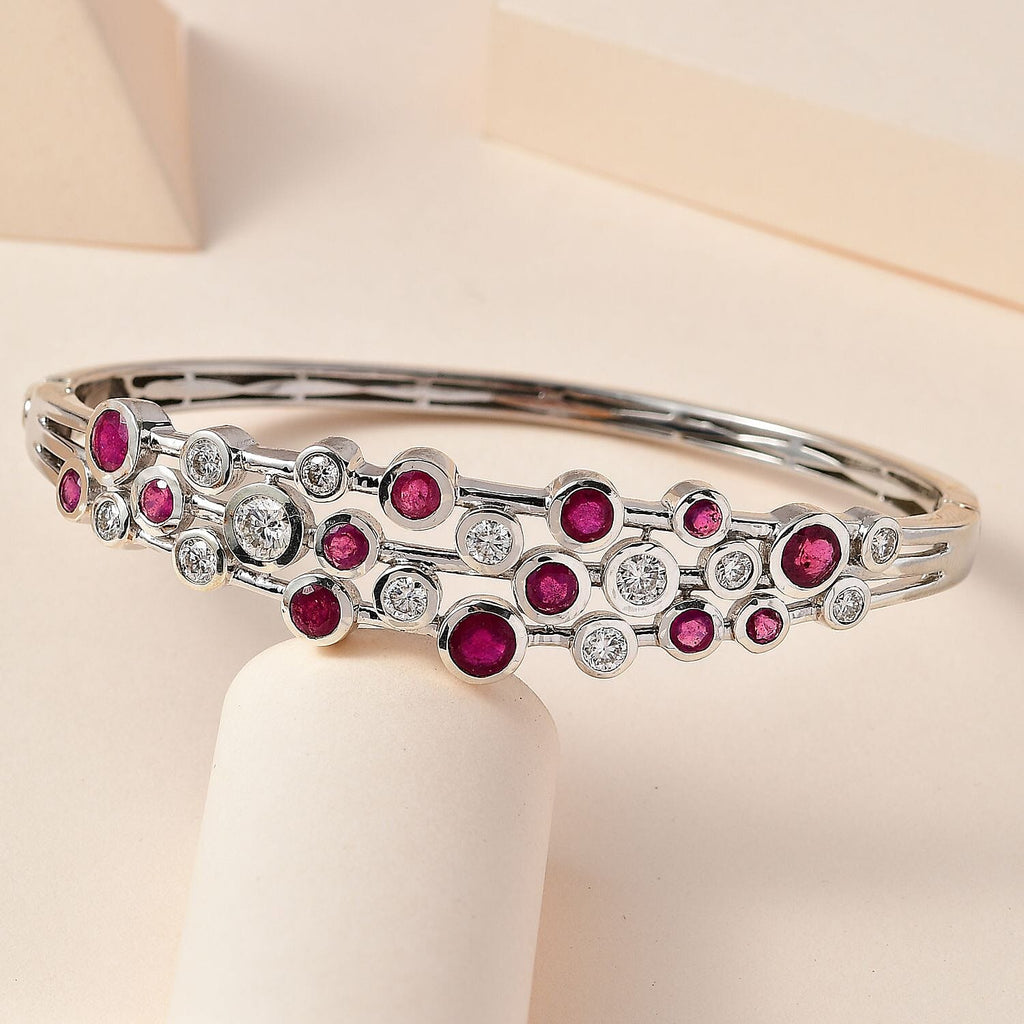 African Ruby & Moissanite Bangle (Size 7.5) in Platinum Overlay Sterling Silver 7.40 Ct, Silver Wt. 21.45 Gms.