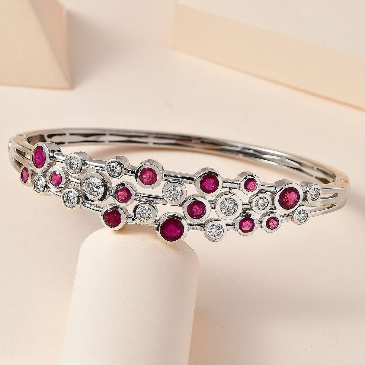 African Ruby and Moissanite Bangle (Size 7.5) in Platinum Overlay Sterling Silver 7723906 2