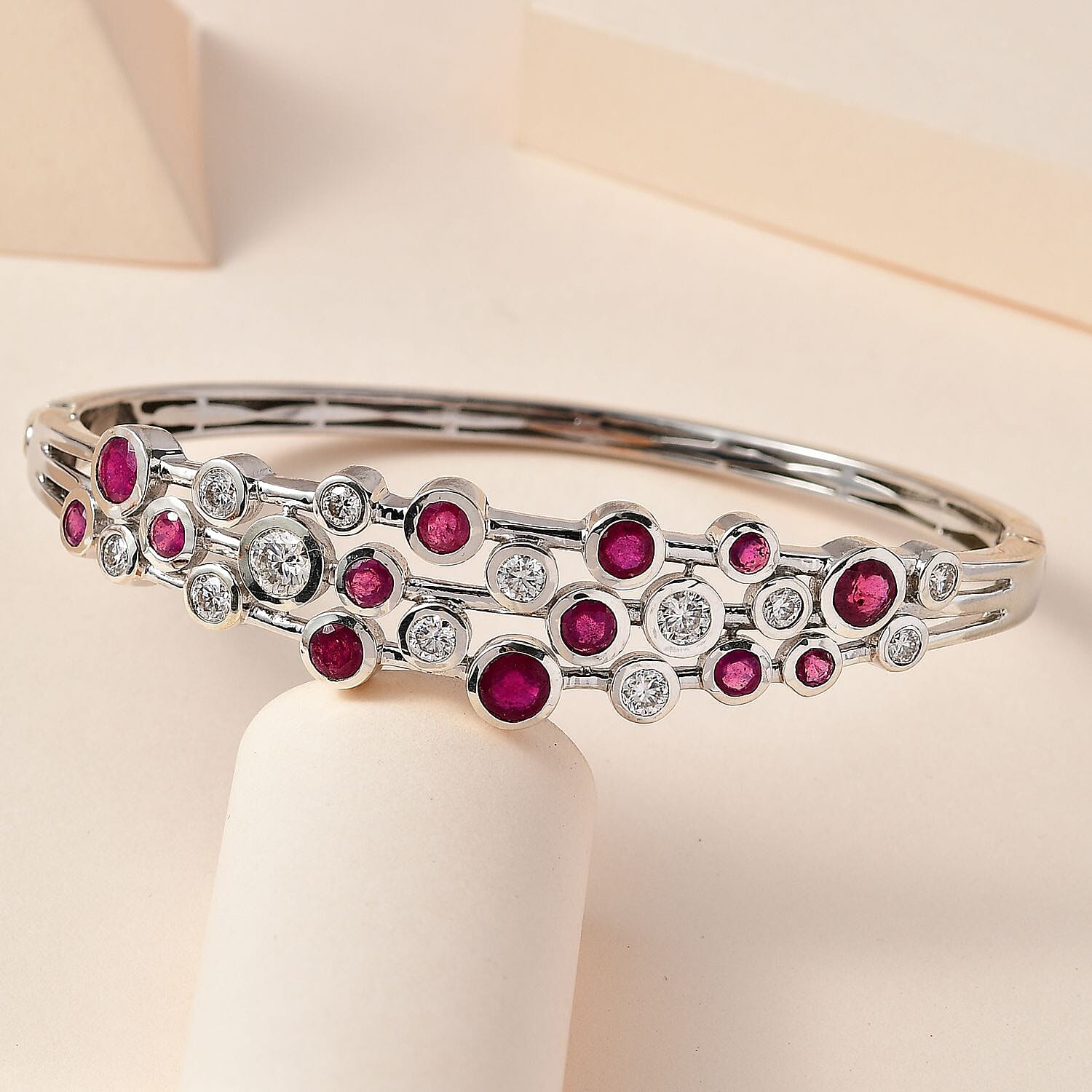 African Ruby and Moissanite Bangle (Size 7.5) in Platinum Overlay Sterling Silver 7723906 2