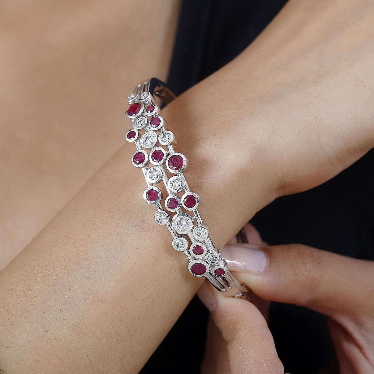African Ruby and Moissanite Bangle (Size 7.5) in Platinum Overlay Sterling Silver 7723906 3