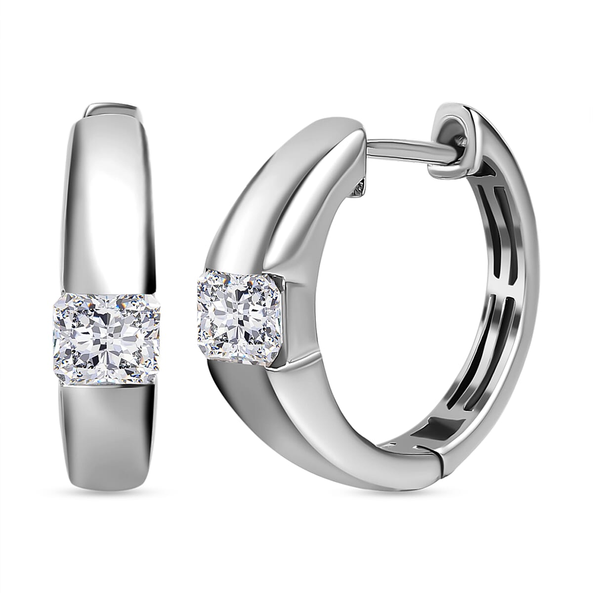 Moissanite (Asscher Cut) Hoop Earrings in Platinum Overlay Sterling Silver 1.34 Ct, Silver Wt. 6.39 Gms 7678839 0