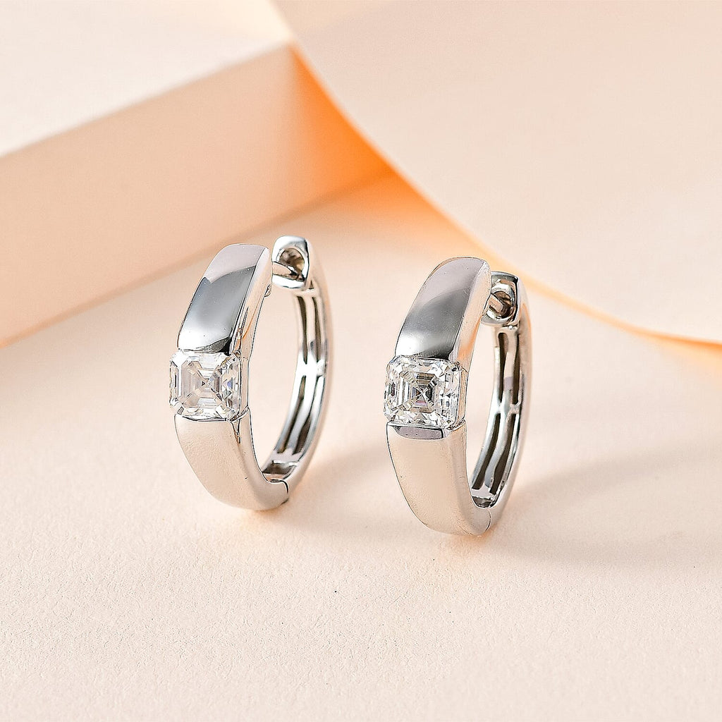 Moissanite (Asscher Cut) Hoop Earrings in Platinum Overlay Sterling Silver 1.34 Ct, Silver Wt. 6.39 Gms
