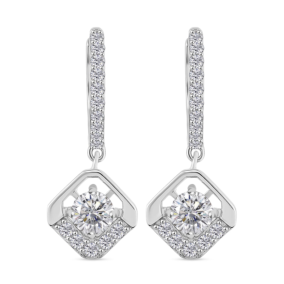 RADIANTA GRA Certified Moissanite Dangling Earrings with Hoop in Rhodium Overlay Sterling Silver 1.50 Ct. 8085100 0