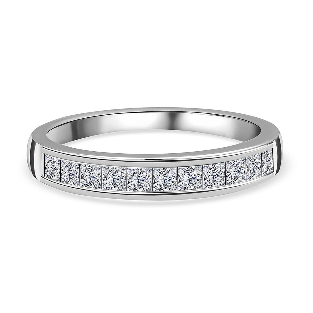 Moissanite Half Eternity Band Ring in Rhodium Overlay Sterling Silver