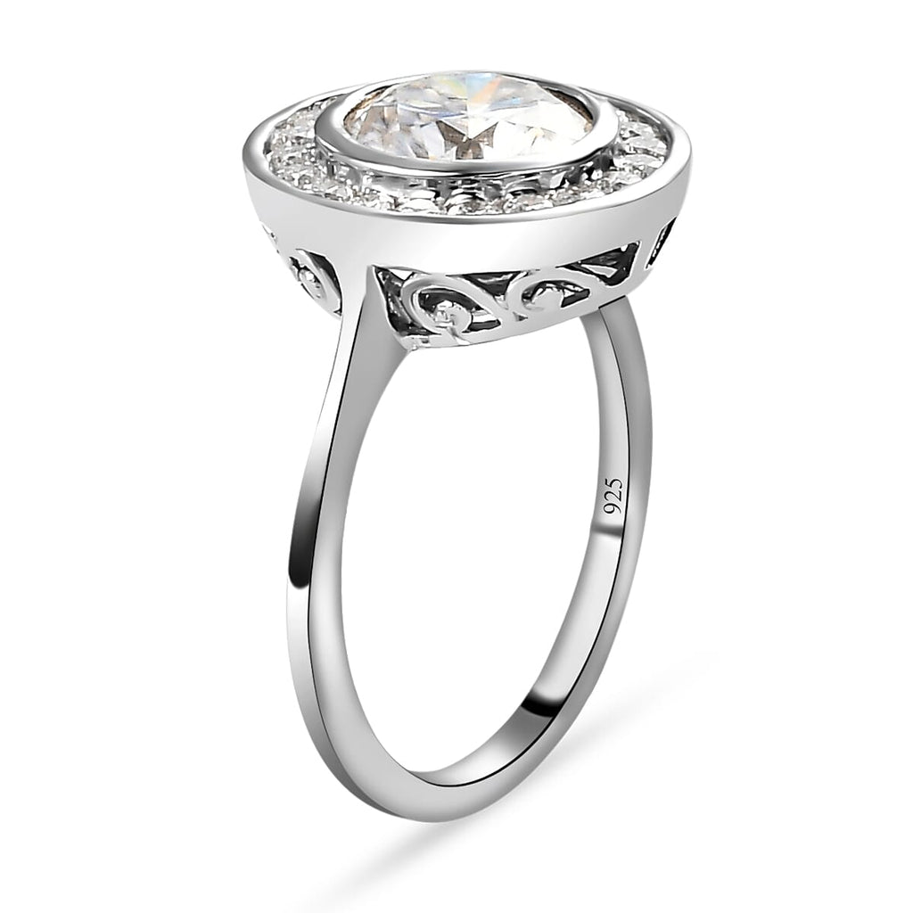Moissanite Ring (100 Facets) in Platinum Overlay Sterling Silver 2.27 Ct.