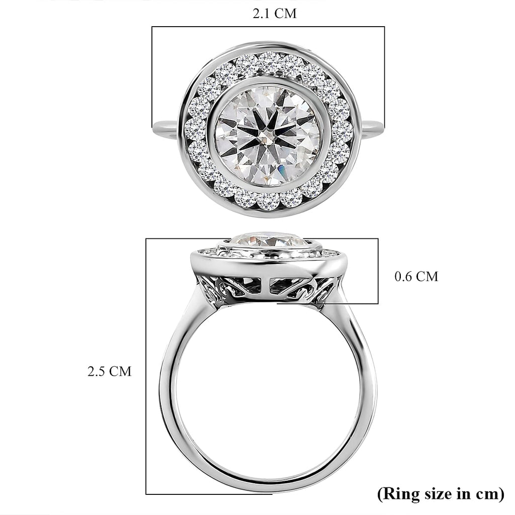 Moissanite Ring (100 Facets) in Platinum Overlay Sterling Silver 2.27 Ct.