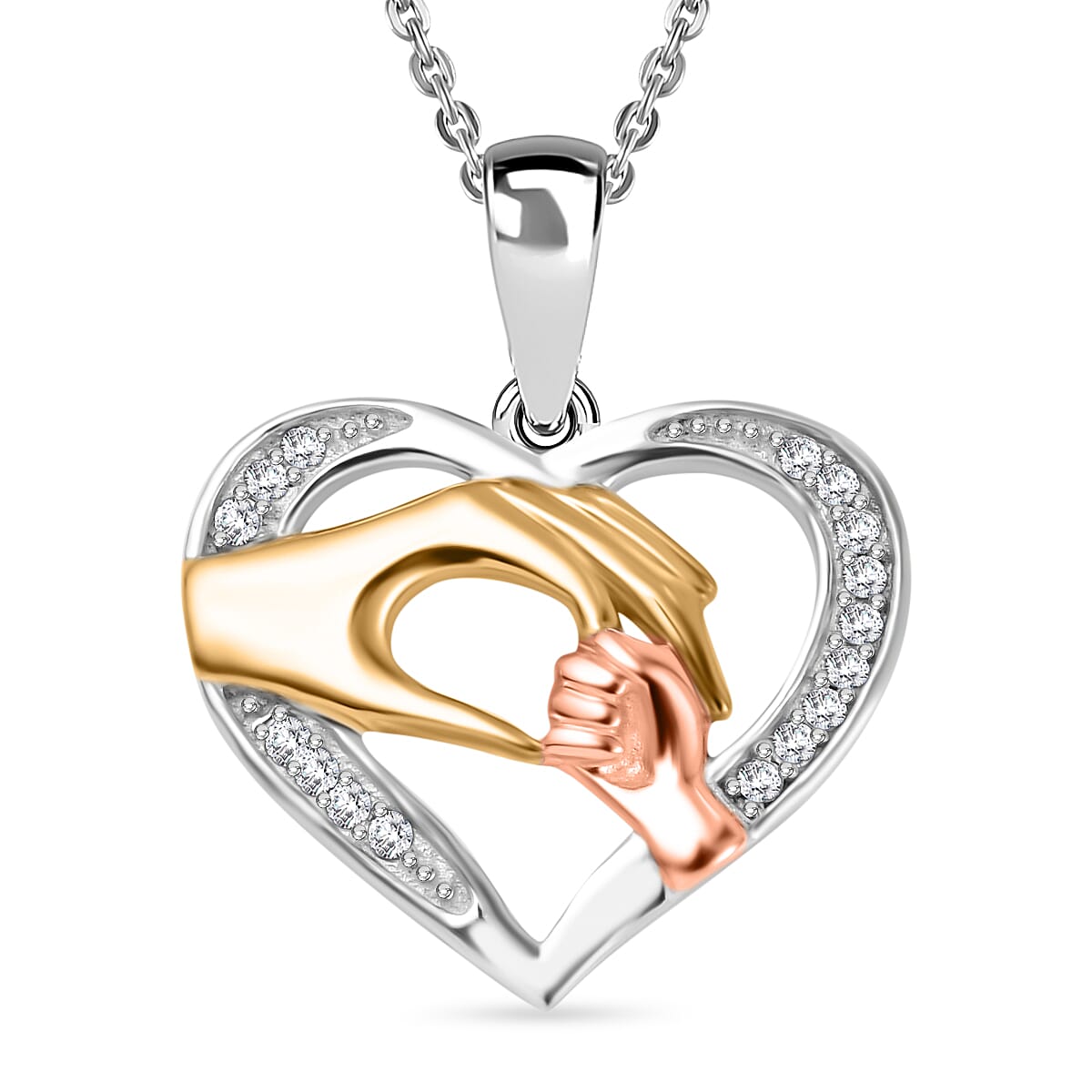 Moissanite Hand-in-Hand Heart-Shaped Heart Pendant with Chain (Size - 20) Pendant in Platinum, Vermeil Yellow and Rose Gold Plated Sterling Silver 4141091 0