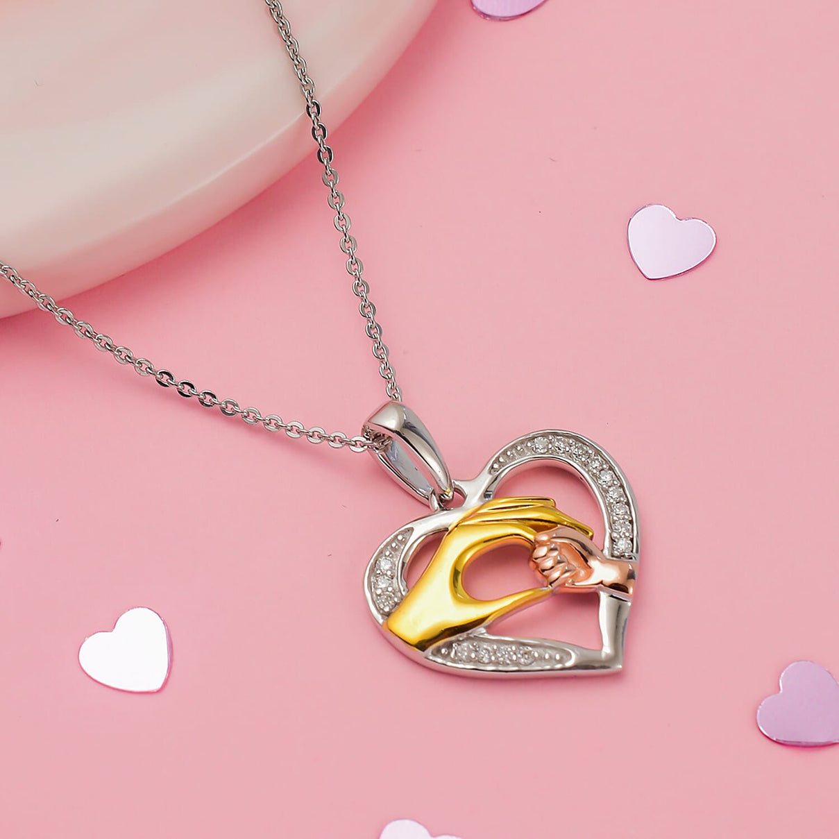 Moissanite Hand-in-Hand Heart-Shaped Heart Pendant with Chain (Size - 20) Pendant in Platinum, Vermeil Yellow and Rose Gold Plated Sterling Silver 4141091 1