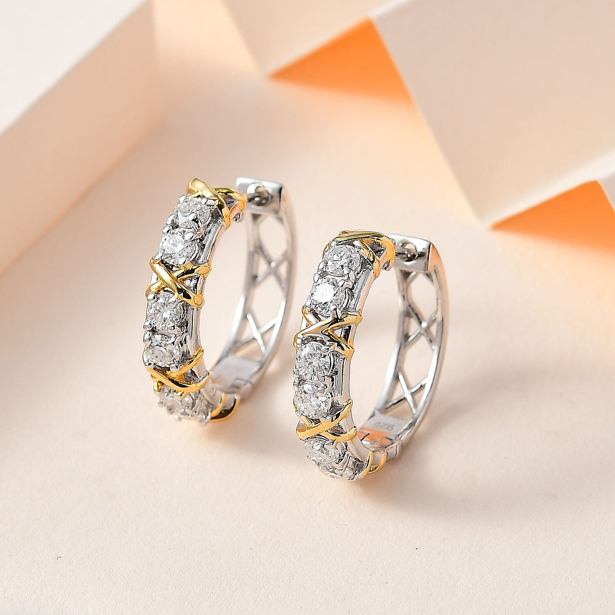 Royal Bali Collection - D'Joy Moissanite Criss Cross Hoop Earrings in 18K Vermeil Yellow Gold Plated &amp; Platinum Overlay Sterling Silver 1.30 Ct. 7383124 2