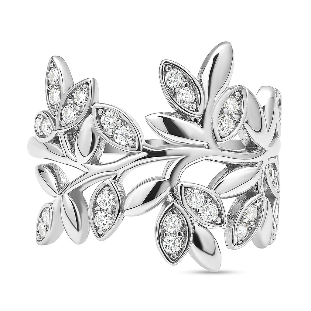 Moissanite Leaf Vine Ring in Rhodium Overlay Sterling Silver
