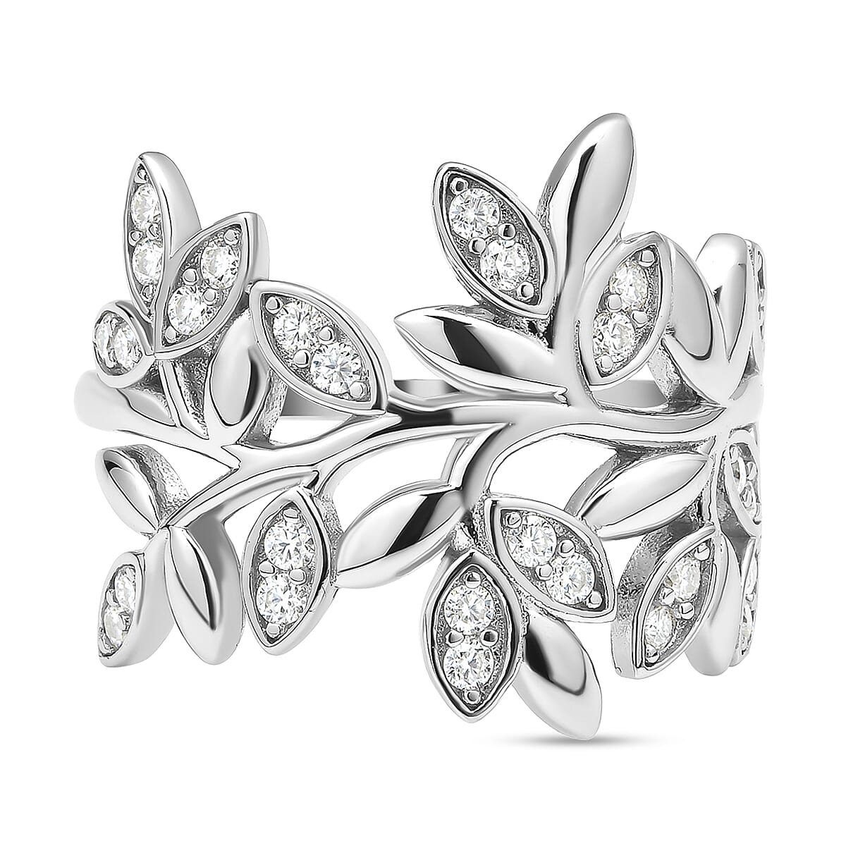 Moissanite Leaf Vine Ring in Rhodium Overlay Sterling Silver 3891026 0