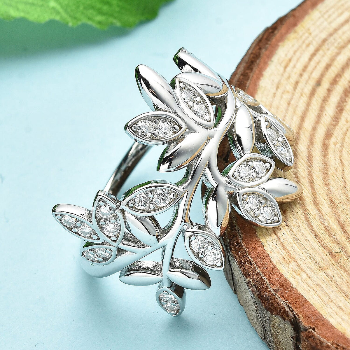 Moissanite Leaf Vine Ring in Rhodium Overlay Sterling Silver 3891026 2