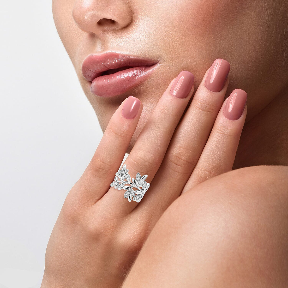Moissanite Leaf Vine Ring in Rhodium Overlay Sterling Silver 3891026 3