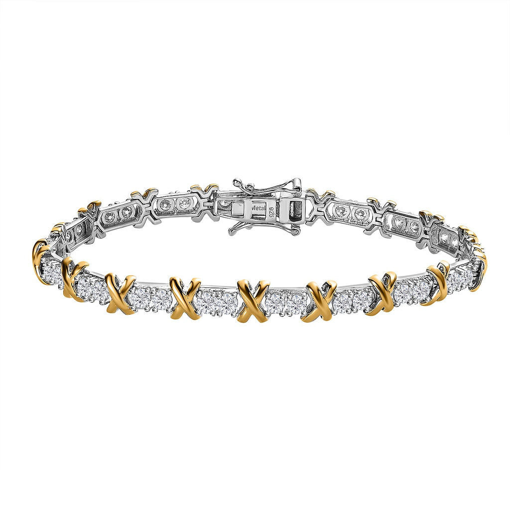 The Moissanite Kiss Tennis Bracelet (Size - 7) in 18K Gold Vermeil & Platinum Plated Sterling Silver, Silver Wt 11.00 Gms