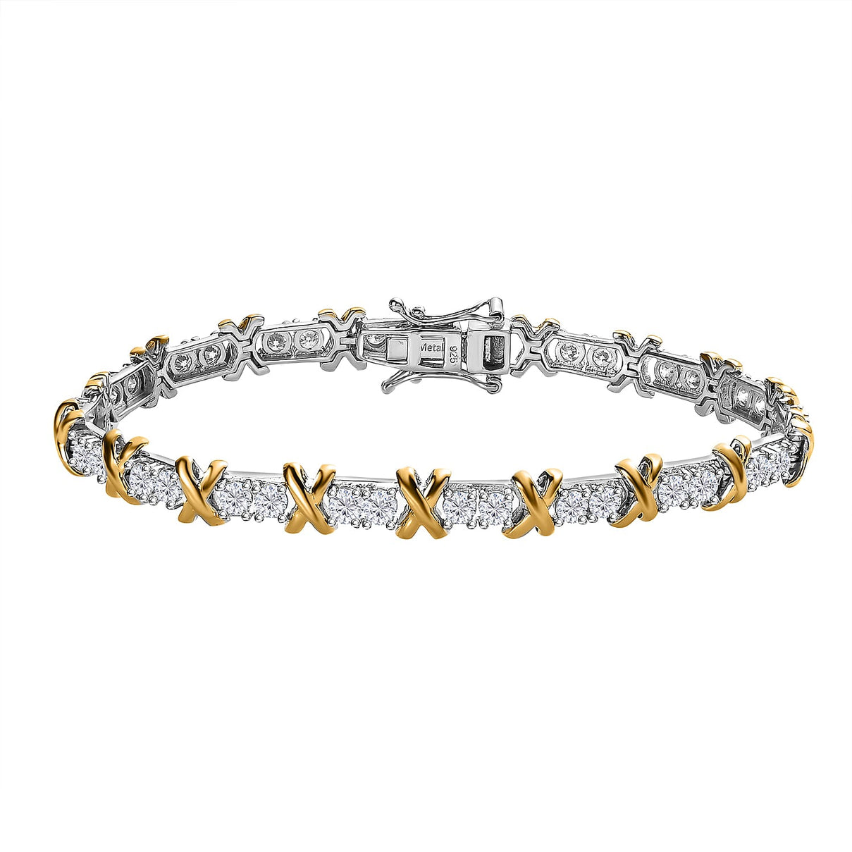 The Moissanite Kiss Tennis Bracelet (Size - 7) in 18K Gold Vermeil &amp; Platinum Plated Sterling Silver, Silver Wt 11.00 Gms 7549097 0