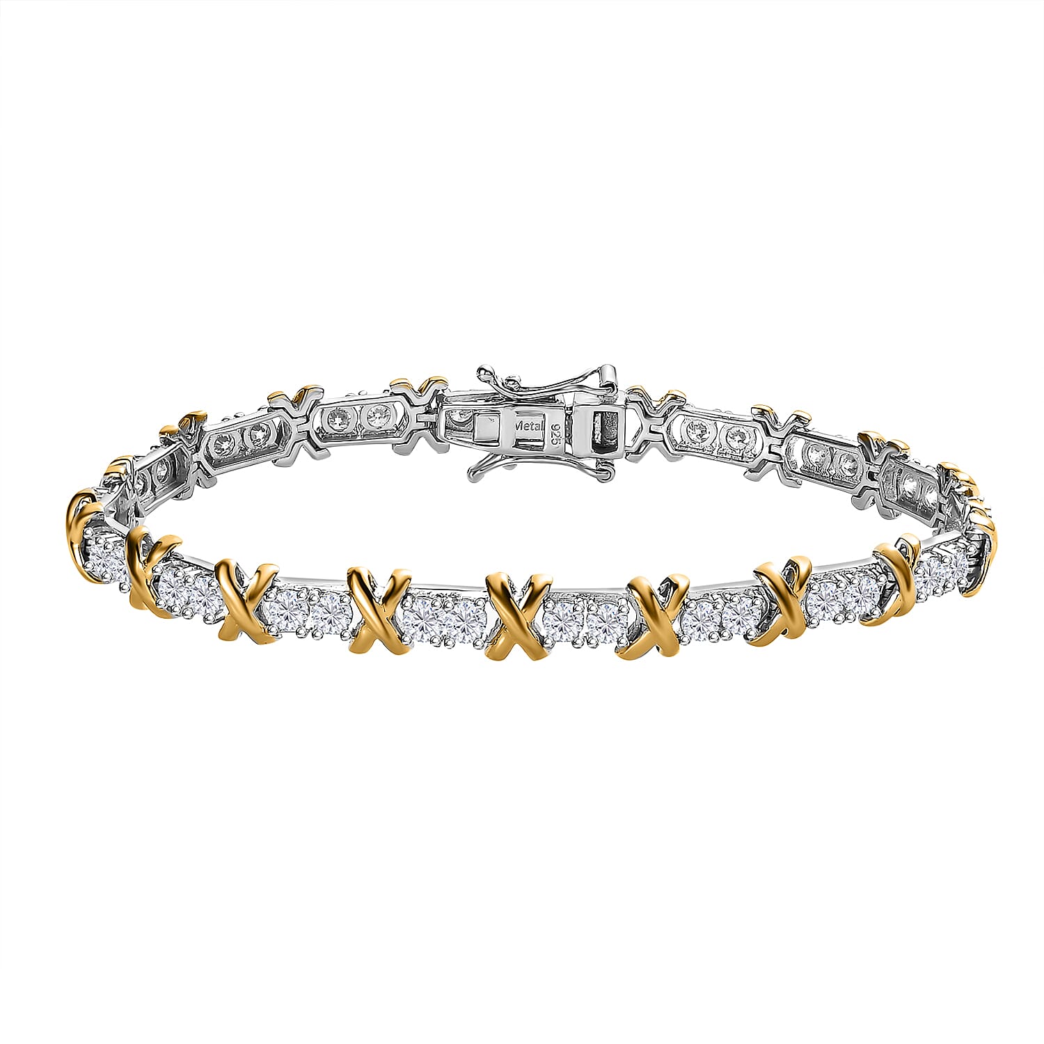 The Moissanite Kiss Tennis Bracelet (Size - 7) in 18K Gold Vermeil &amp; Platinum Plated Sterling Silver, Silver Wt 11.00 Gms 7549097 0