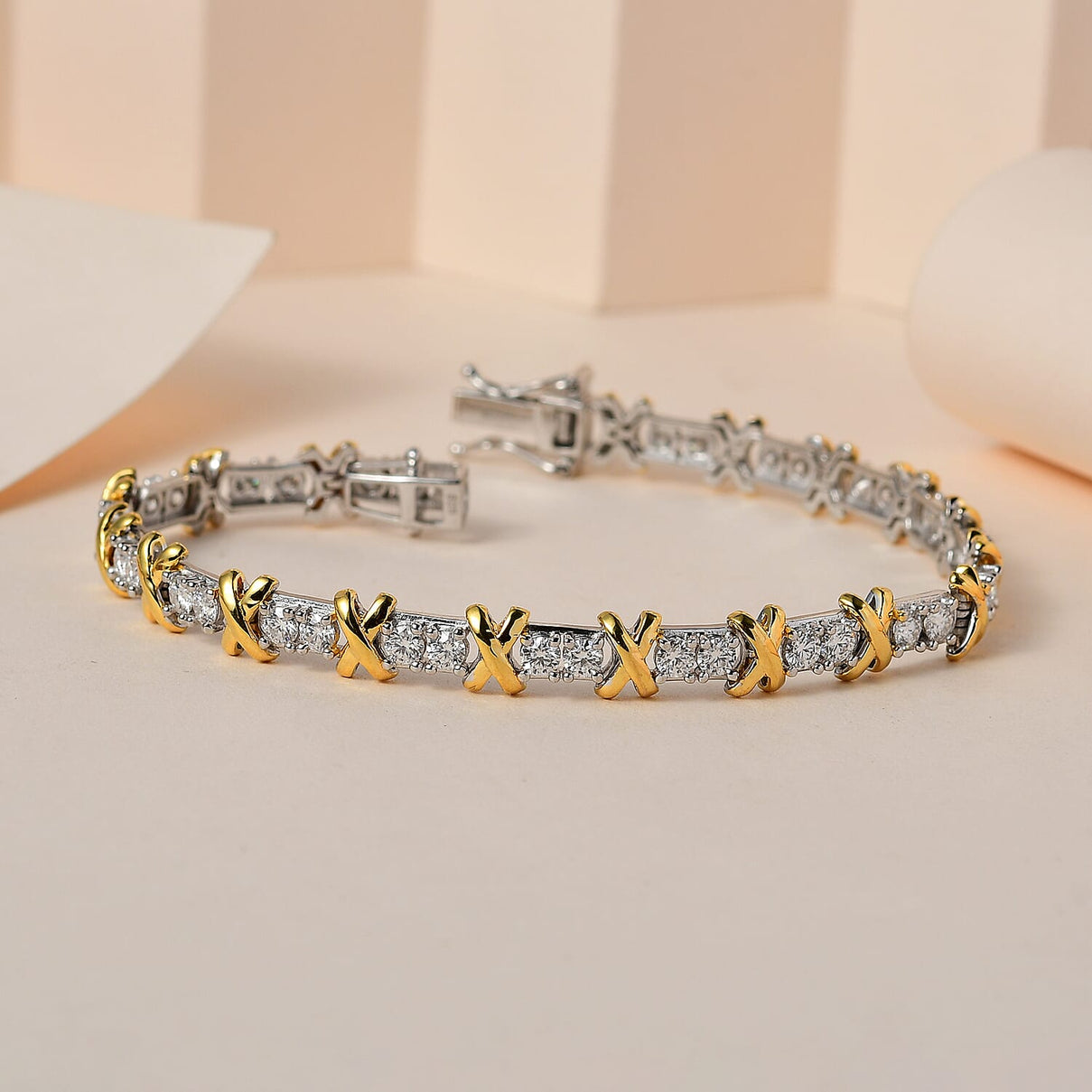 The Moissanite Kiss Tennis Bracelet (Size - 7) in 18K Gold Vermeil &amp; Platinum Plated Sterling Silver, Silver Wt 11.00 Gms 7549097 2