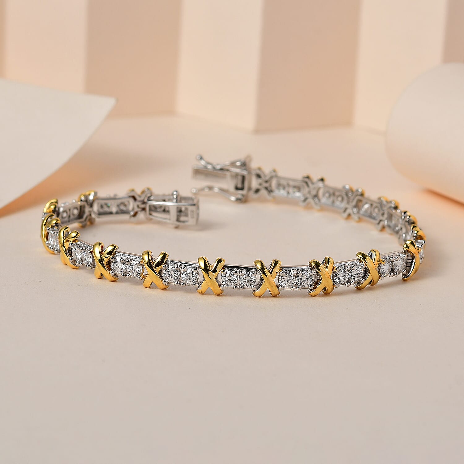 The Moissanite Kiss Tennis Bracelet (Size - 7) in 18K Gold Vermeil &amp; Platinum Plated Sterling Silver, Silver Wt 11.00 Gms 7549097 2