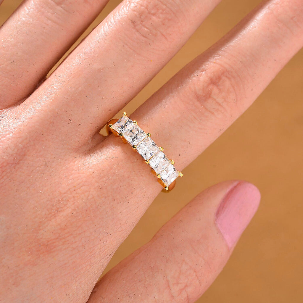 Premium D Colour VVS1 Moissanite GRA Certified 5 Stone Ring in 18K Vermeil Yellow Gold Plated Sterling Silver 2.00 Ct.