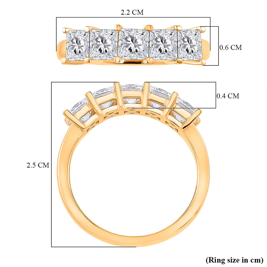 Premium D Colour VVS1 Moissanite GRA Certified 5 Stone Ring in 18K Vermeil Yellow Gold Plated Sterling Silver 2.00 Ct.