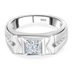 Moissanite Princess Cut Signet Ring in Rhodium Overlay Sterling Silver 1.23 Ct, Silver Wt. 6.00 Gms.