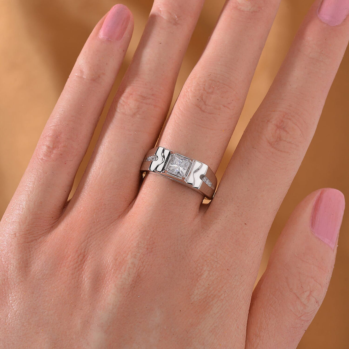 Moissanite Princess Cut Signet Ring in Rhodium Overlay Sterling Silver 1.23 ct. 7793598 2
