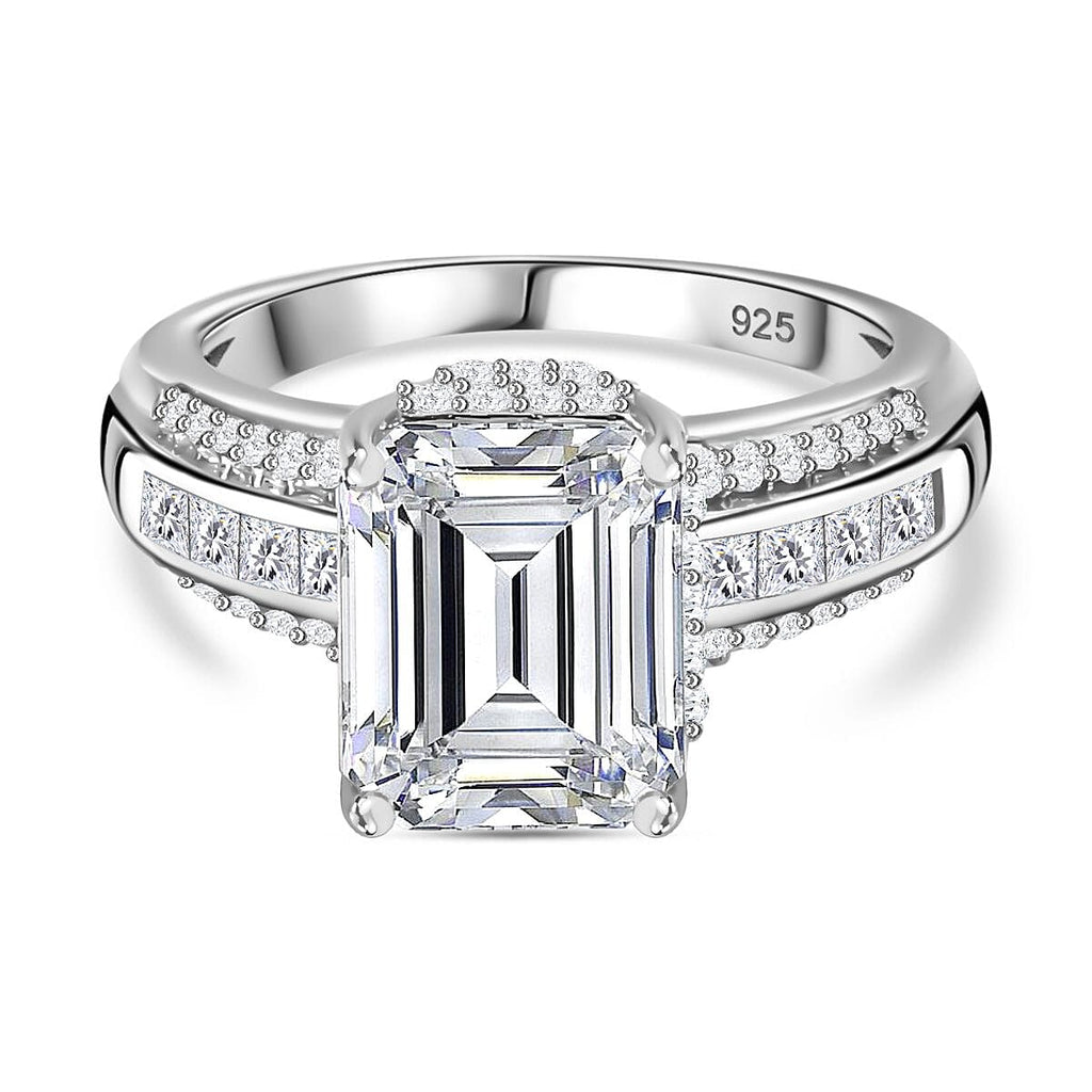 Moissanite Emerald Cut Ring in Platinum Overlay Sterling Silver Ct 4.63