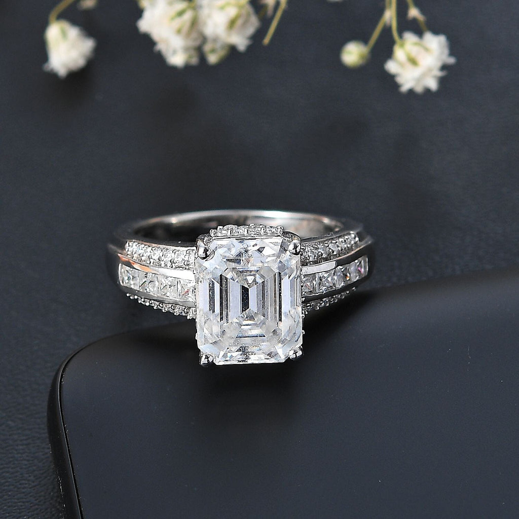 Moissanite Emerald Cut Ring in Platinum Overlay Sterling Silver Ct 4.63
