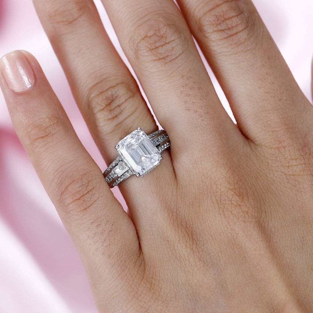 Moissanite Emerald Cut Ring in Platinum Overlay Sterling Silver Ct 4.63