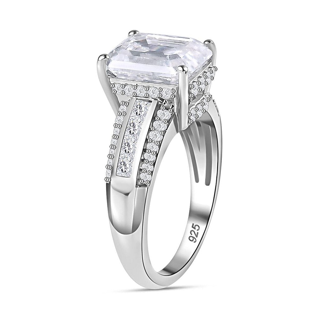 Moissanite Emerald Cut Ring in Platinum Overlay Sterling Silver Ct 4.63