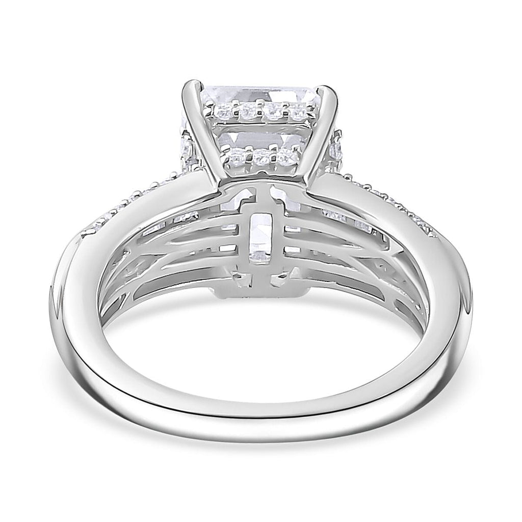 Moissanite Emerald Cut Ring in Platinum Overlay Sterling Silver Ct 4.63