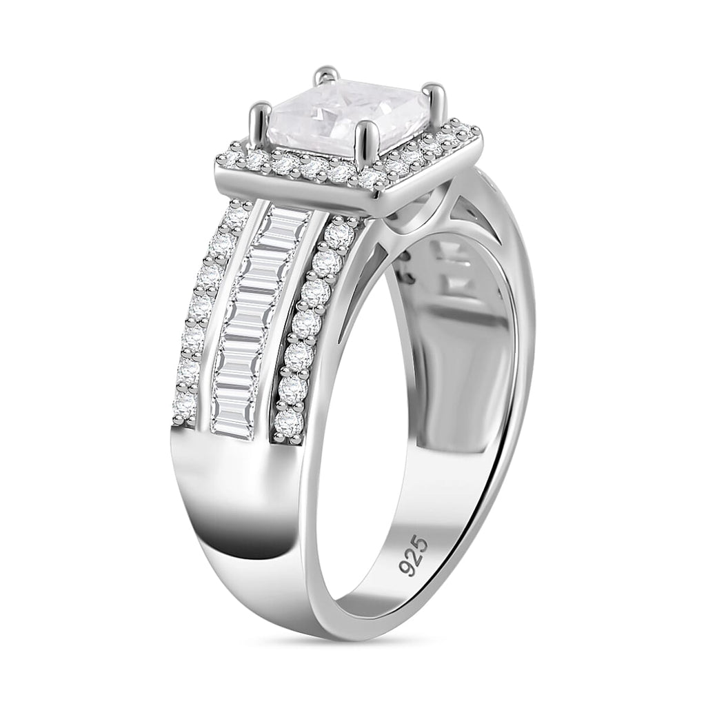 Moissanite Princess Cut Halo Ring in Rhodium Overlay Sterling Silver 2.36 Ct
