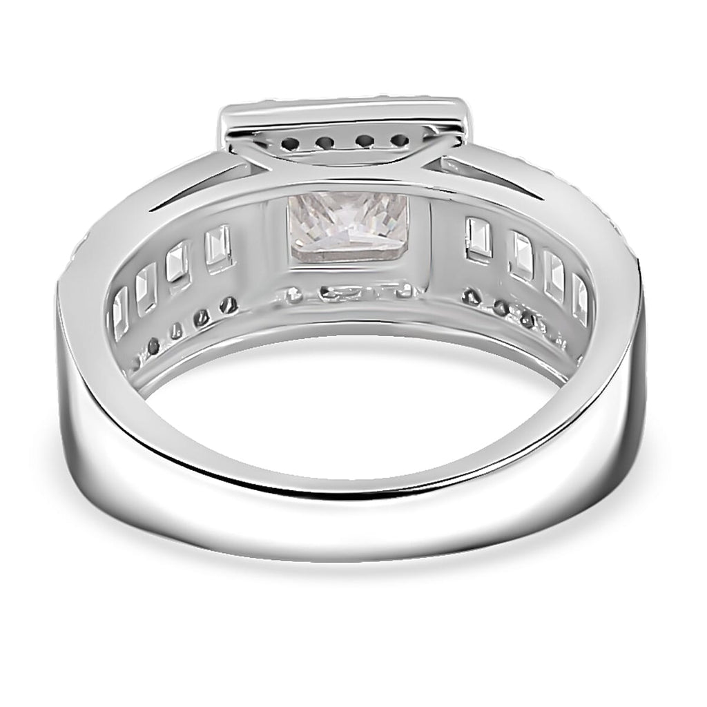 Moissanite Princess Cut Halo Ring in Rhodium Overlay Sterling Silver 2.36 Ct