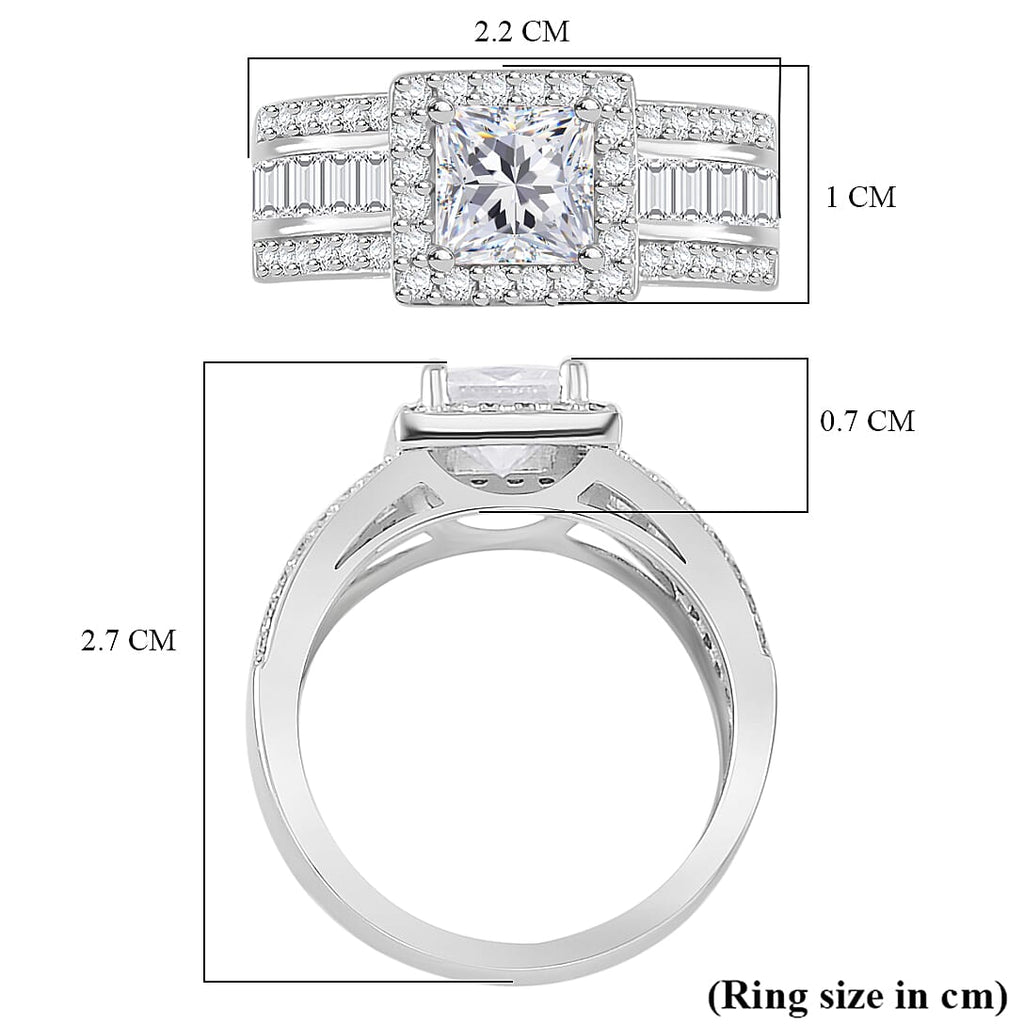 Moissanite Princess Cut Halo Ring in Rhodium Overlay Sterling Silver 2.36 Ct