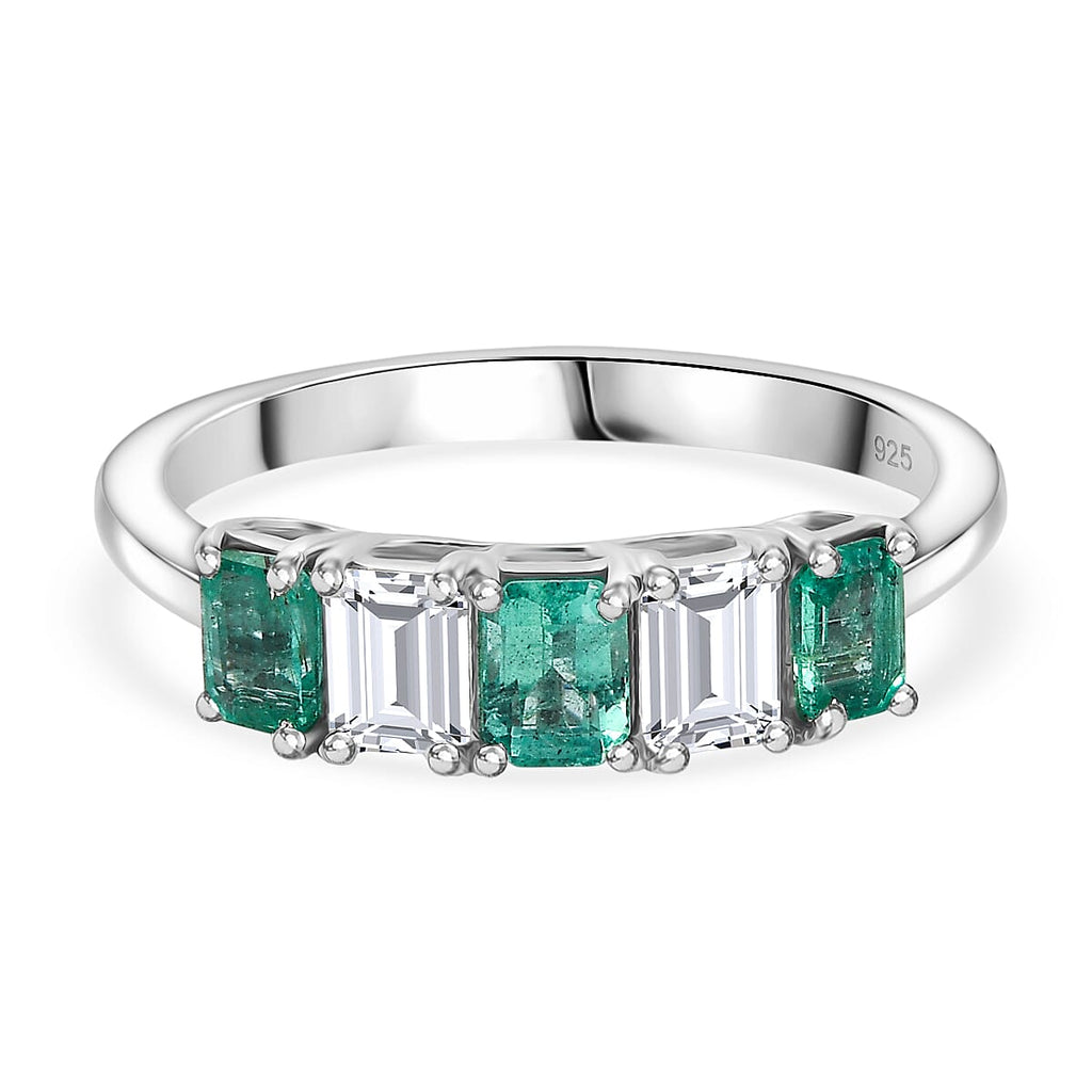 AAA Gemfields Moissanite 5 Stone Ring in Rhodium Overlay Sterling Silver 1.01 Ct.