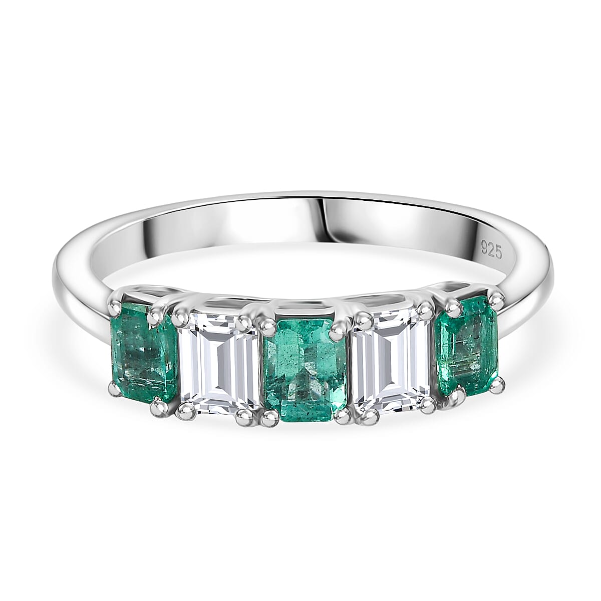 AAA Gemfields Emerald, Moissanite 5-Stone Ring in Rhodium Overlay Sterling Silver 1.01 Ct. 8109930 0