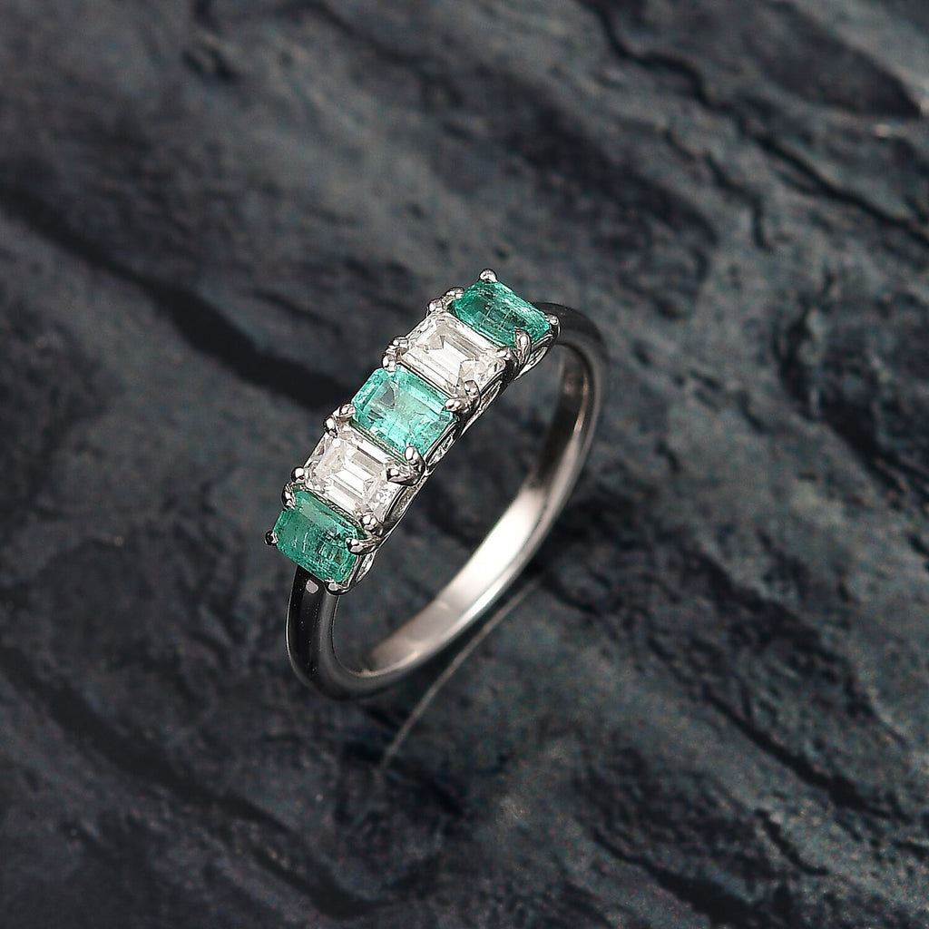 AAA Gemfields Moissanite 5 Stone Ring in Rhodium Overlay Sterling Silver 1.01 Ct.