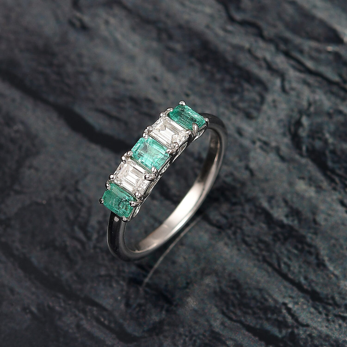 AAA Gemfields Emerald, Moissanite 5-Stone Ring in Rhodium Overlay Sterling Silver 1.01 Ct. 8109930 2