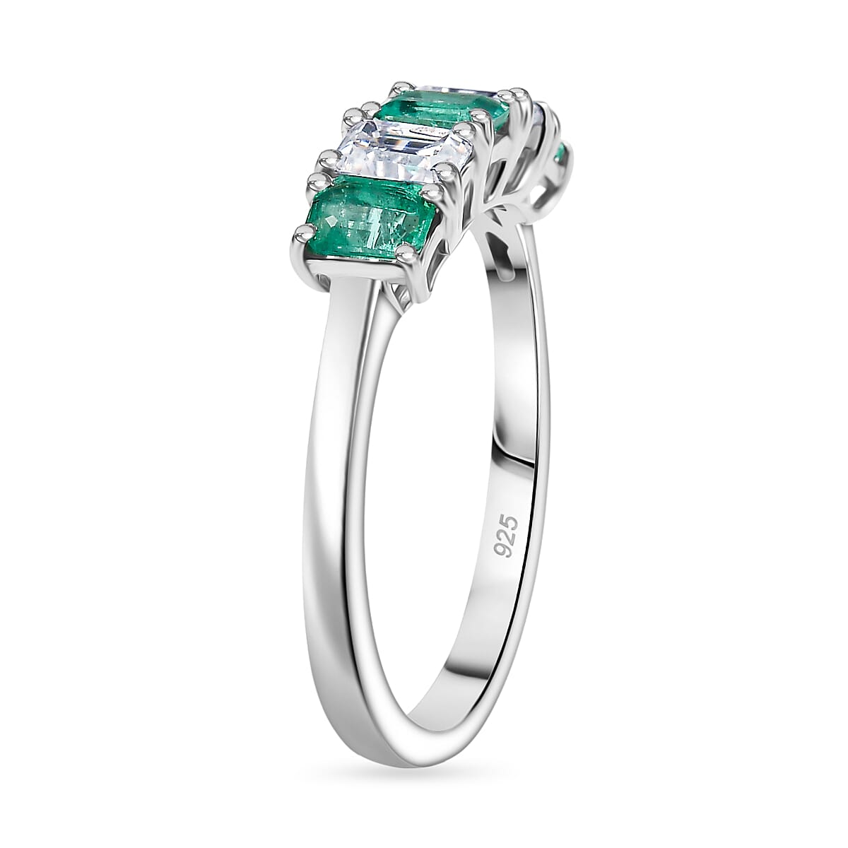 AAA Gemfields Emerald, Moissanite 5-Stone Ring in Rhodium Overlay Sterling Silver 1.01 Ct. 8109930 4