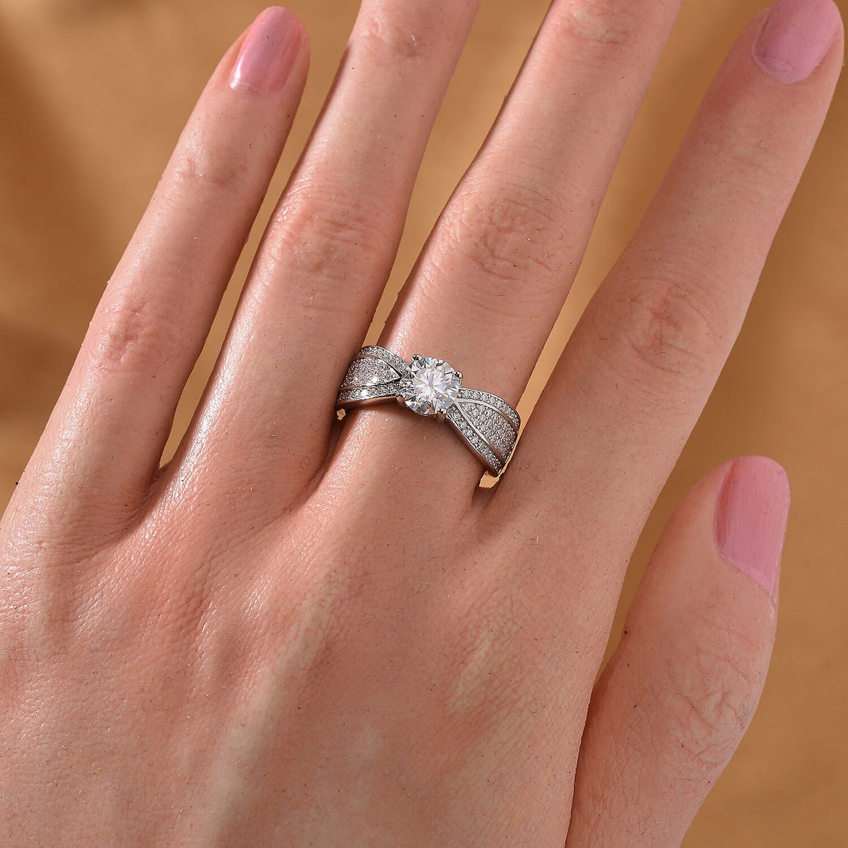 Designer Inspired - Moissanite Ring in Platinum Overlay Sterling Silver 7808783 2