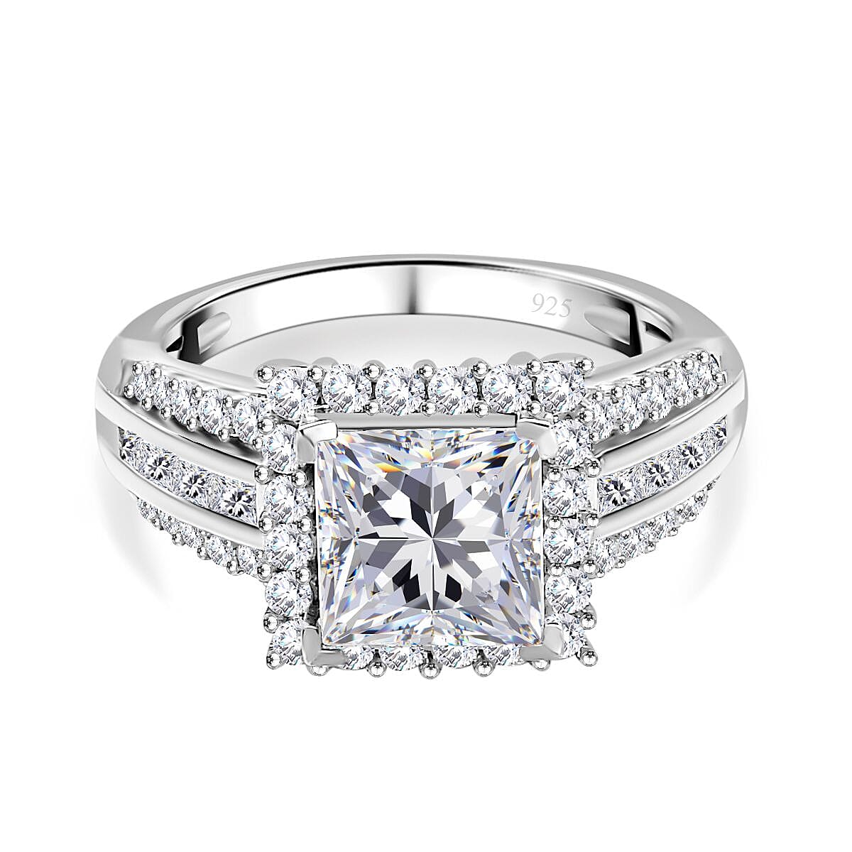 Princess Cut Moissanite Halo Ring in Rhodium Overlay Sterling Silver 2.80 Ct. 7849949 0