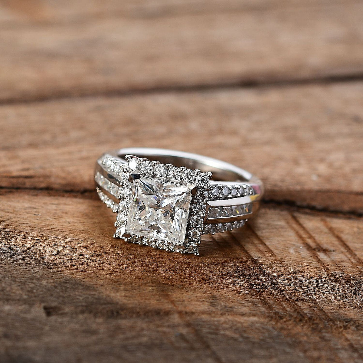 Princess Cut Moissanite Halo Ring in Rhodium Overlay Sterling Silver 2.80 Ct. 7849949 1