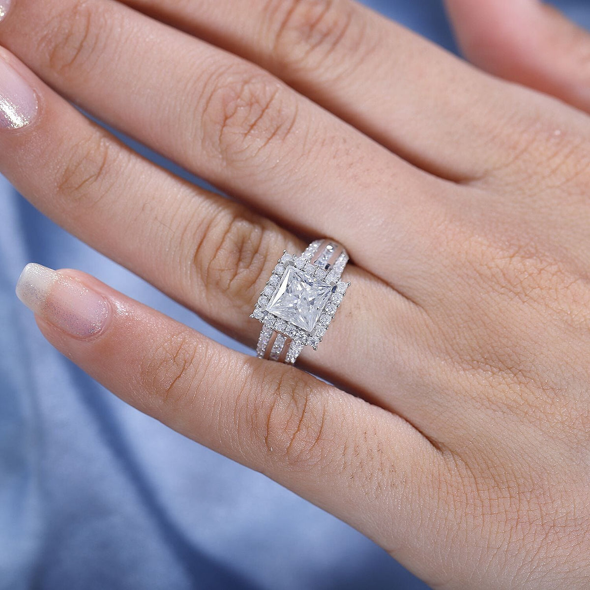 Princess Cut Moissanite Halo Ring in Rhodium Overlay Sterling Silver 2.80 Ct. 7849949 2