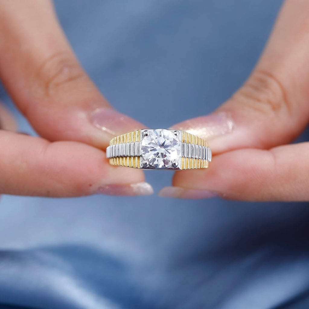 Moissanite Mens Ring in 18K Vermeil YG Plated Sterling Silver 2.50 Ct, Silver Wt. 6.82 Gms