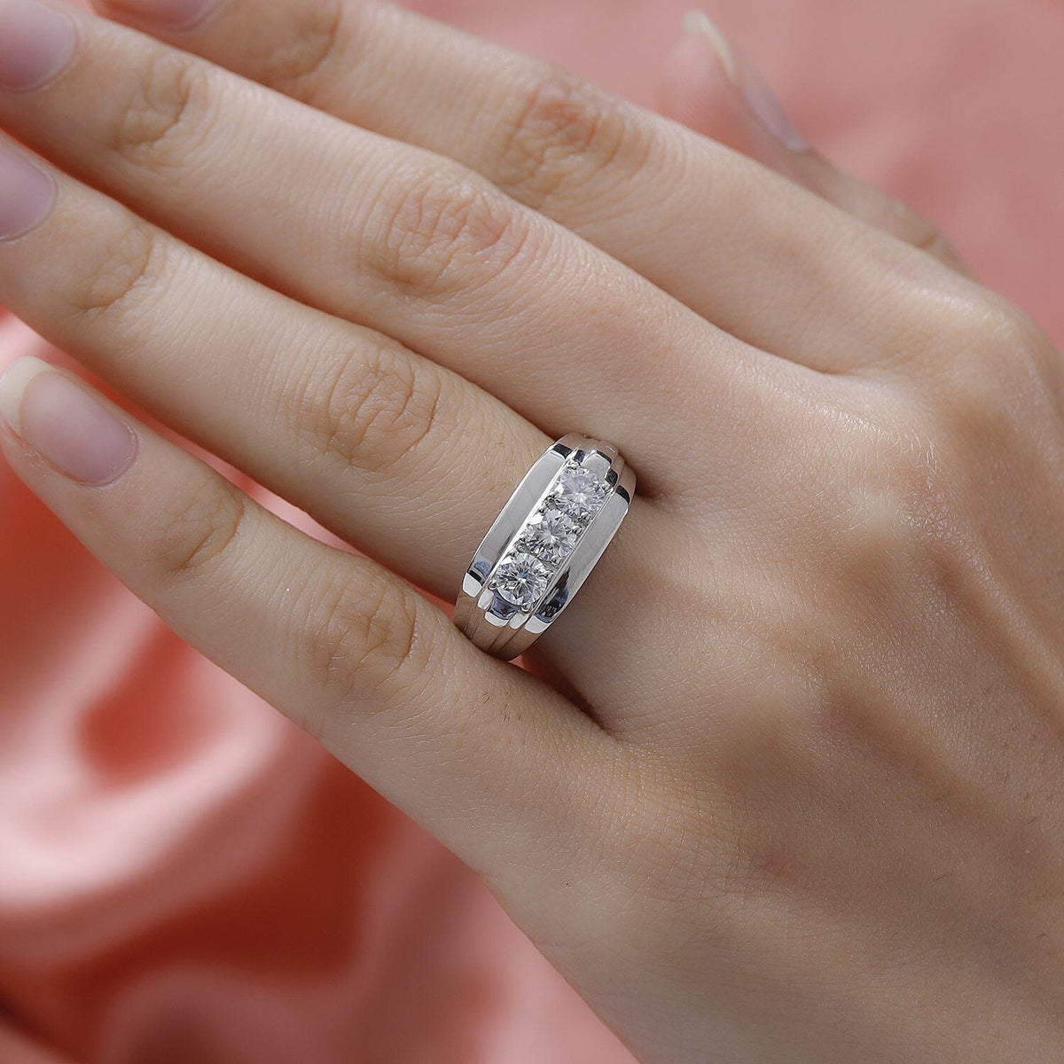 Moissanite Mens Ring in Platinum Overlay Sterling Silver, Silver Wt. 5.10 Gms 7268179 4