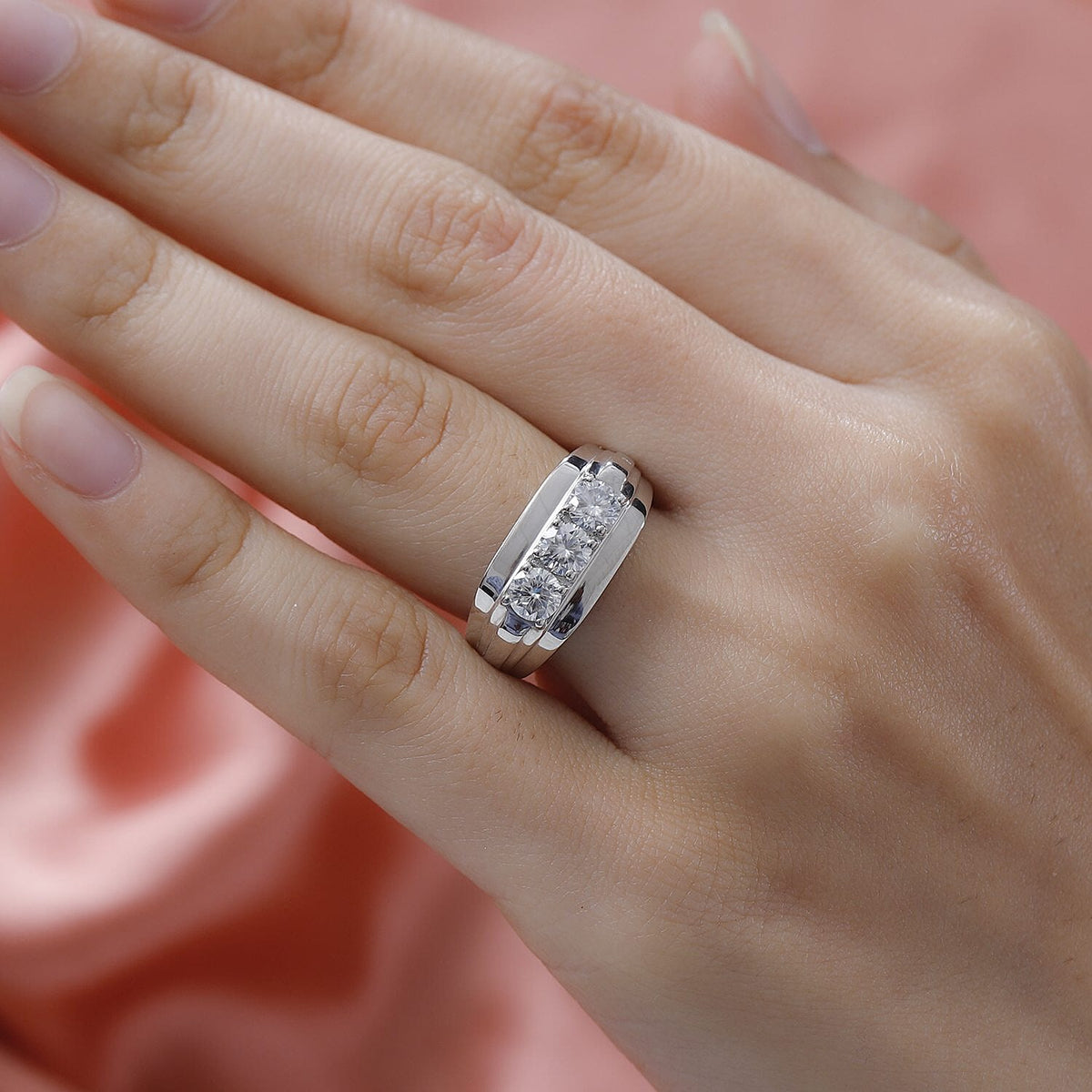 Moissanite Mens Ring in Platinum Overlay Sterling Silver, Silver Wt. 5.10 Gms 7268179 5