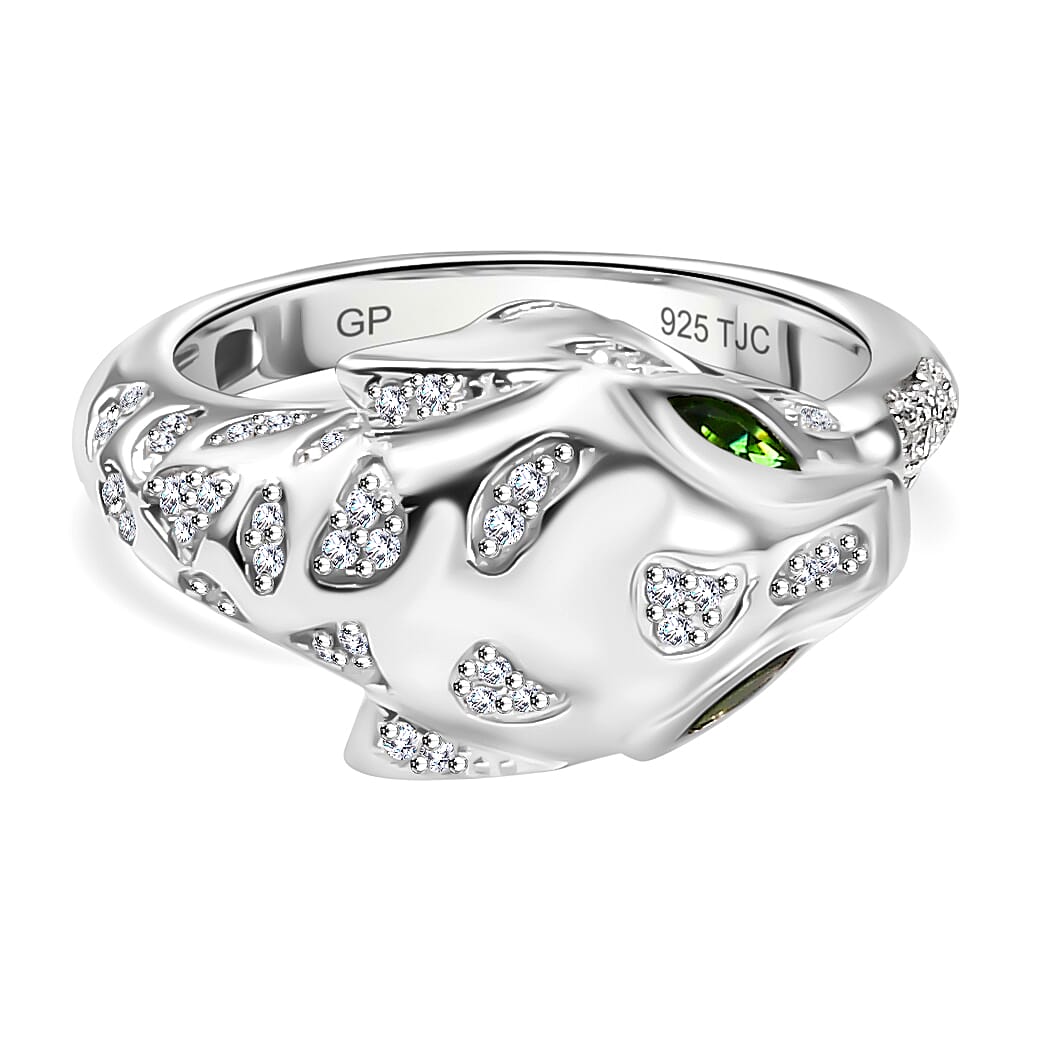 GP Tiger Totem Collection - Moissanite &amp; Chrome Diopside Puma Ring in Rhodium Overlay Sterling Silver 7798771 0